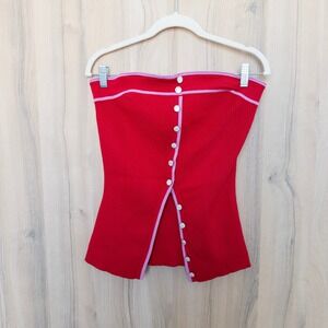 Rich & Famous Tube Top M Red Strapless Ribbed Button Front Preppy‎ Y2K Retro